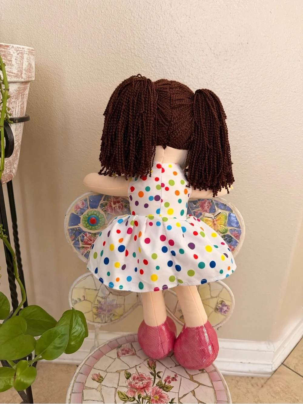 Polka Dot Dress Plush Girl Doll with Pink Shoes